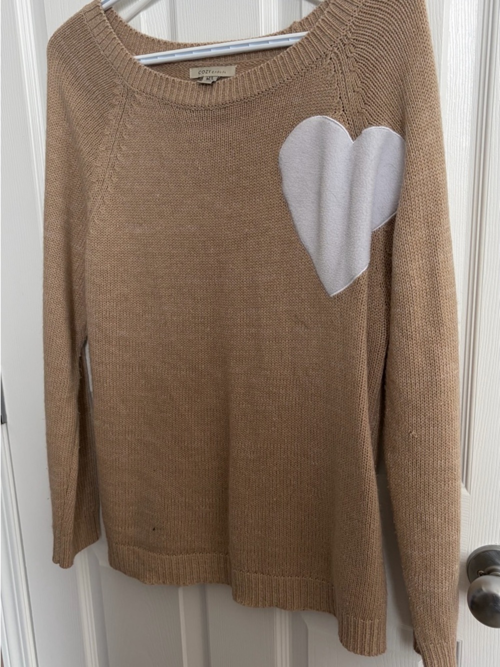 Cozy Casual Camel Sweater with Cream Heart Patch